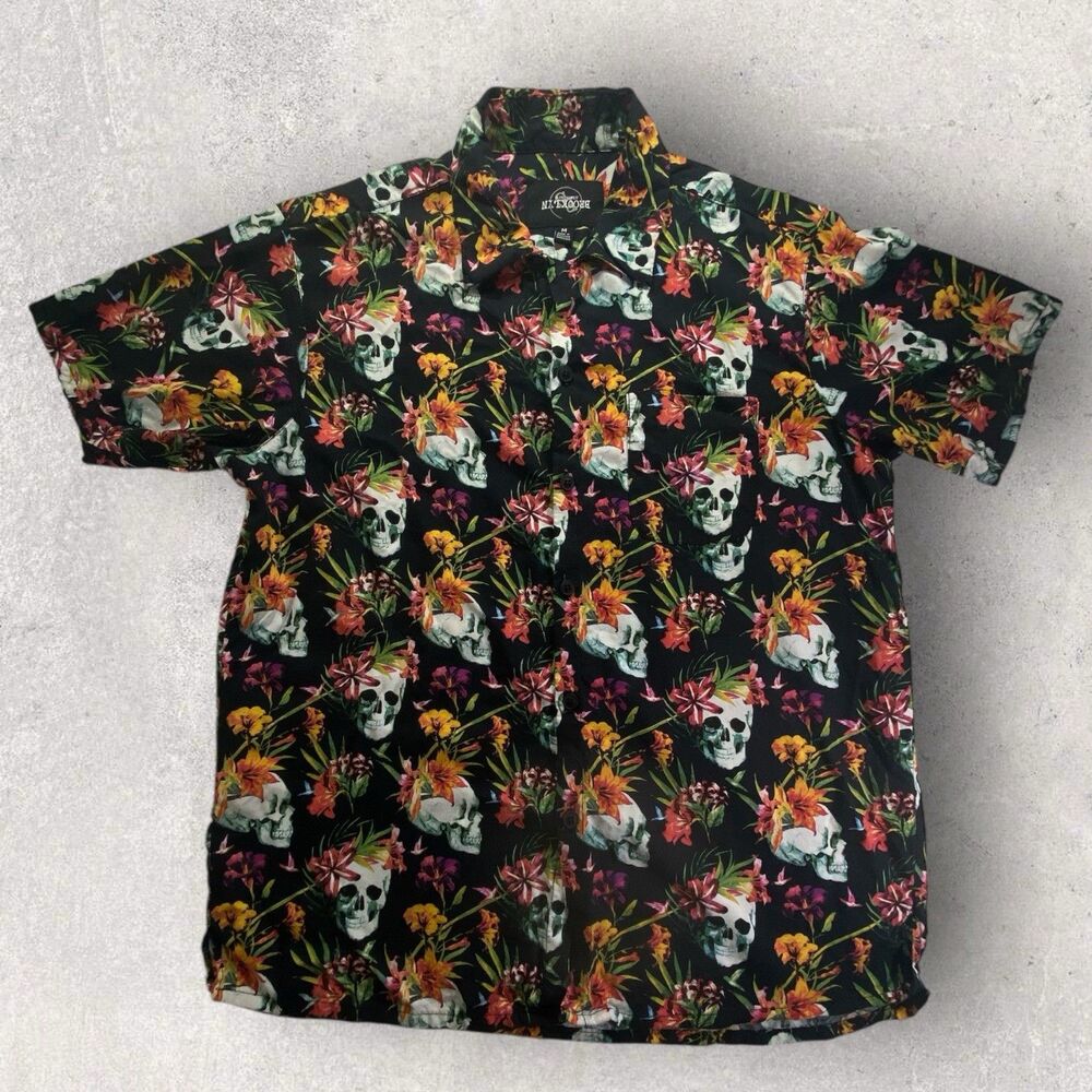 Brooklyn Standard Skull Floral Lei Hawaiian Shirt UPSIDE DOWN LOGO TAG Medium